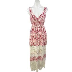 Anthropologie Sunday in Brooklyn Red White Damask Crochet Lace Maxi Dress Sz XS